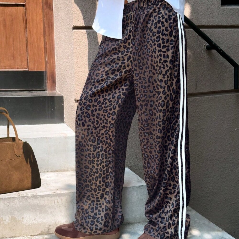 Brown Casual Women's Loose Fit Leopard Print Pants